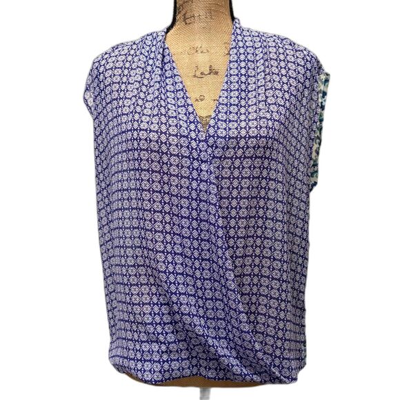 August Silk Surplice Blouse Two Tone Blue Mixed Prints Bohemian Size Medium - Picture 1 of 4